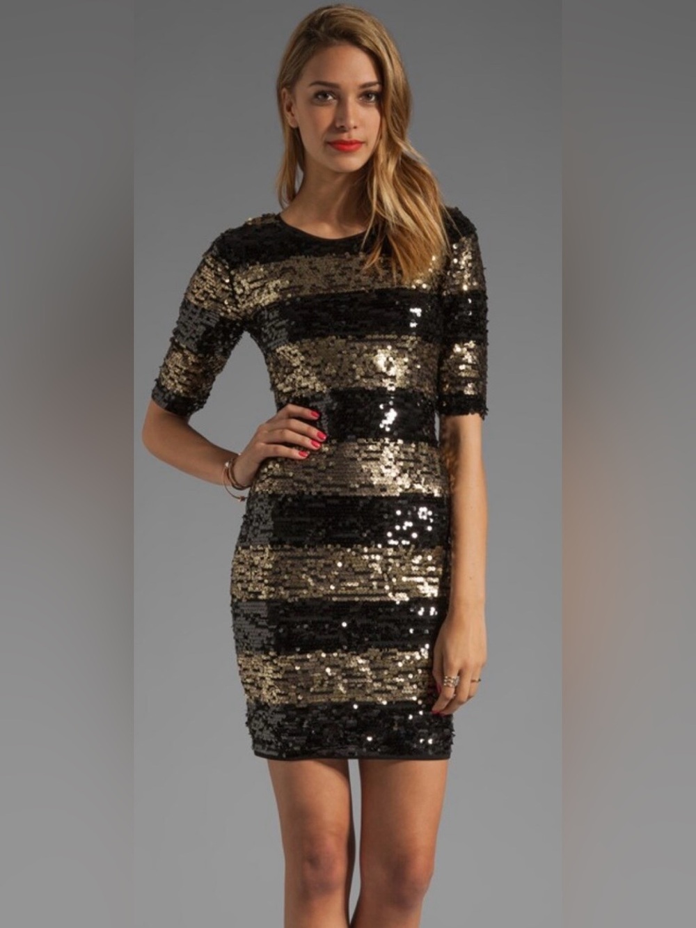 BCBGMaxAzria Black & Gold Sequin Stripe Midi Dress